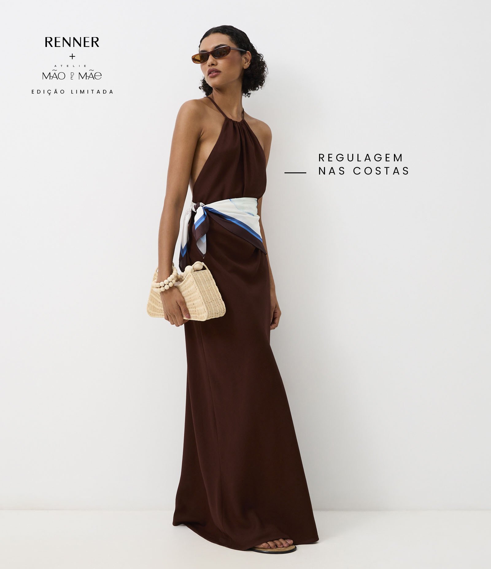 Vestido Longo em Viscolinho com Aviamento nas Costas Marrom 1