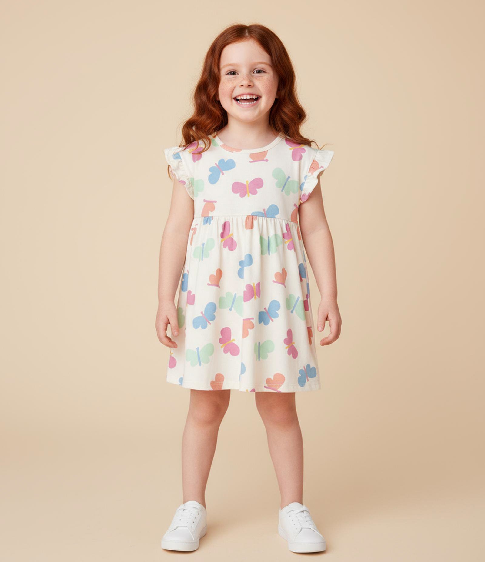 Vestido Infantil com Estampa de Borboletas - Tam 1 a 6 Anos Bege 1