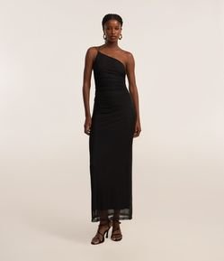Vestido New Midi em Tule com Ombro Único e Alça Fina Dupla