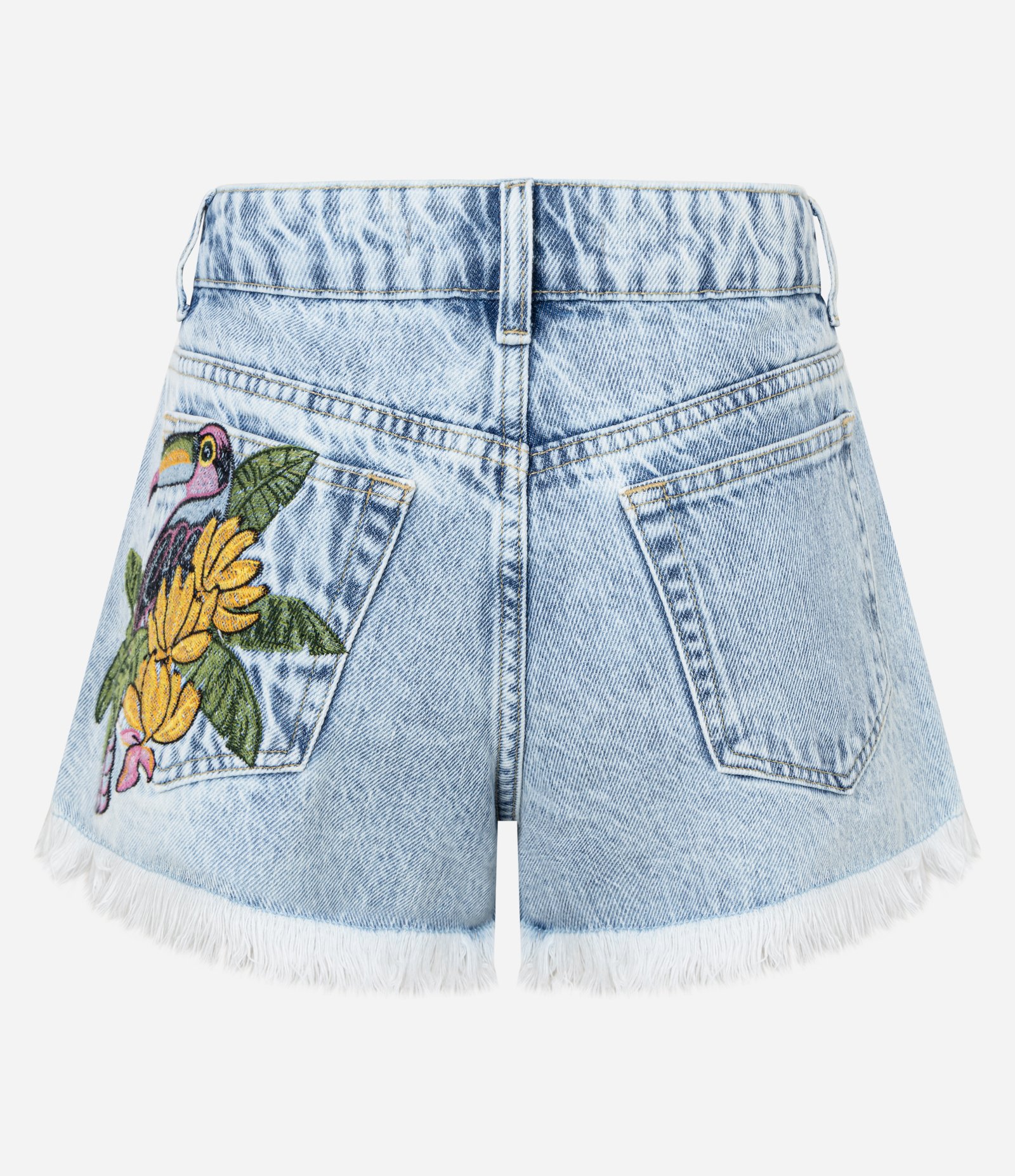 Short Slim em Jeans com Franja na Barra e Tucano Bordado Claro 7