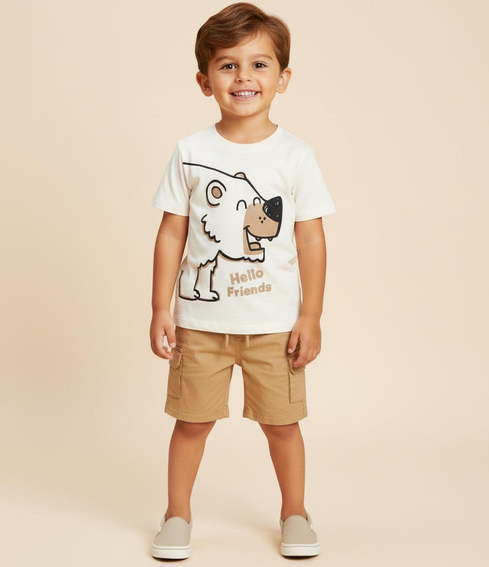 Camiseta Infantil com Estampa Urso - Tam 1 a 6 Anos Off White 1