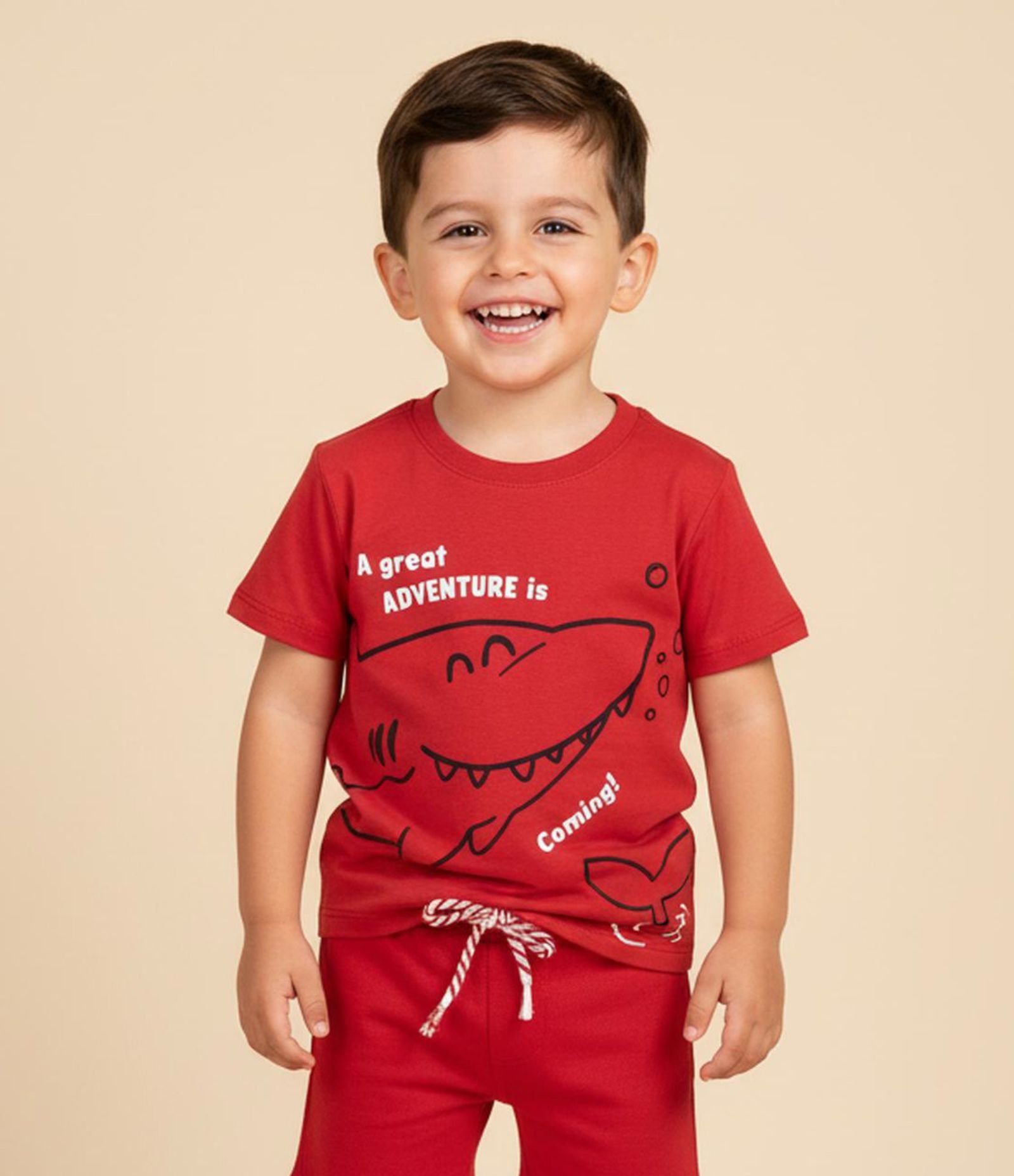 Camiseta Infantil com Estampa Tubarão - Tam 1 a 6 Anos Vermelho 1