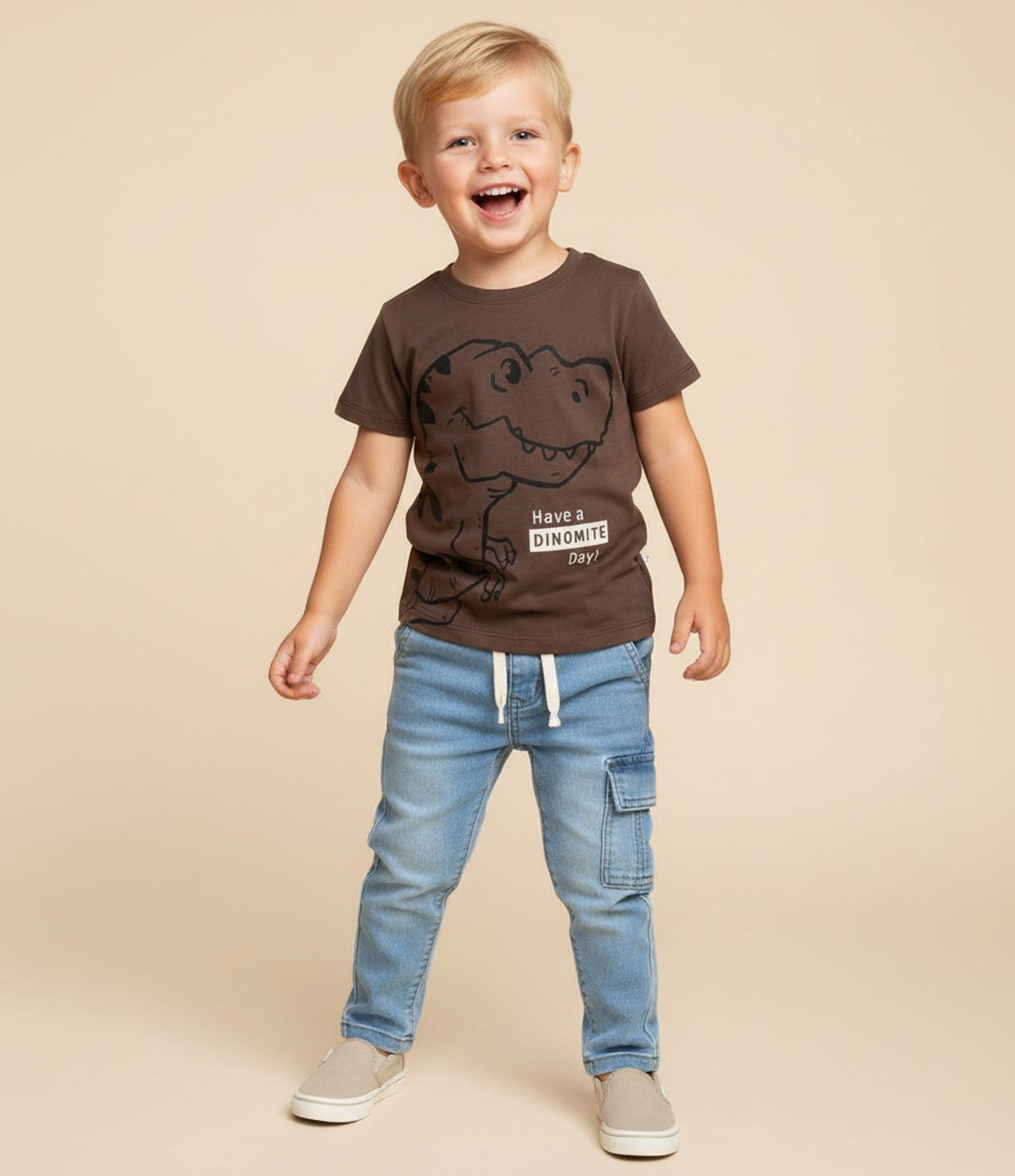 Camiseta Infantil com Estampa de Dinossauro - Tam 1 a 6 Anos Marrom 1