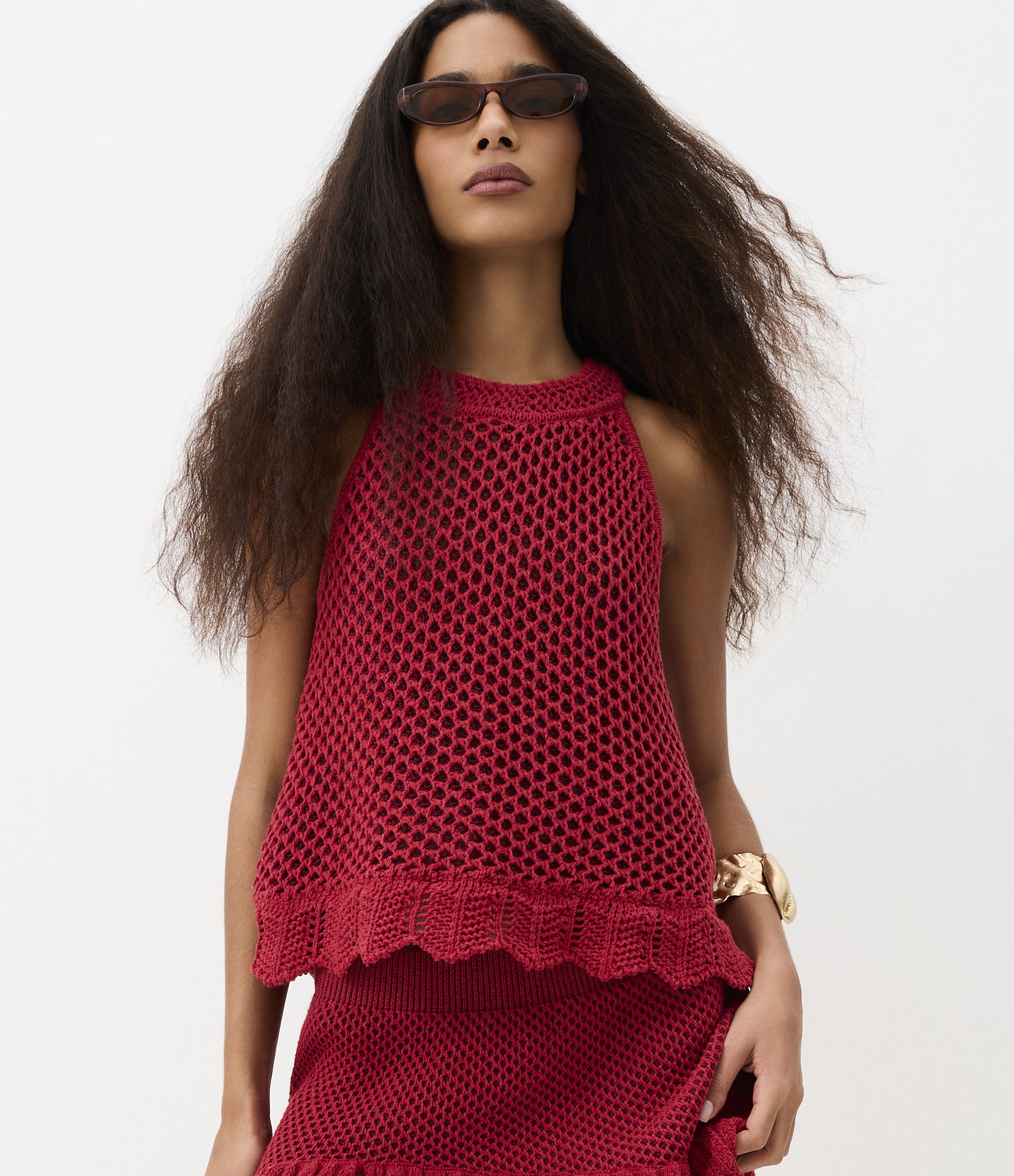 Blusa em Tricô com Ponto Vazado com Barra Trabalhada Vermelho 2