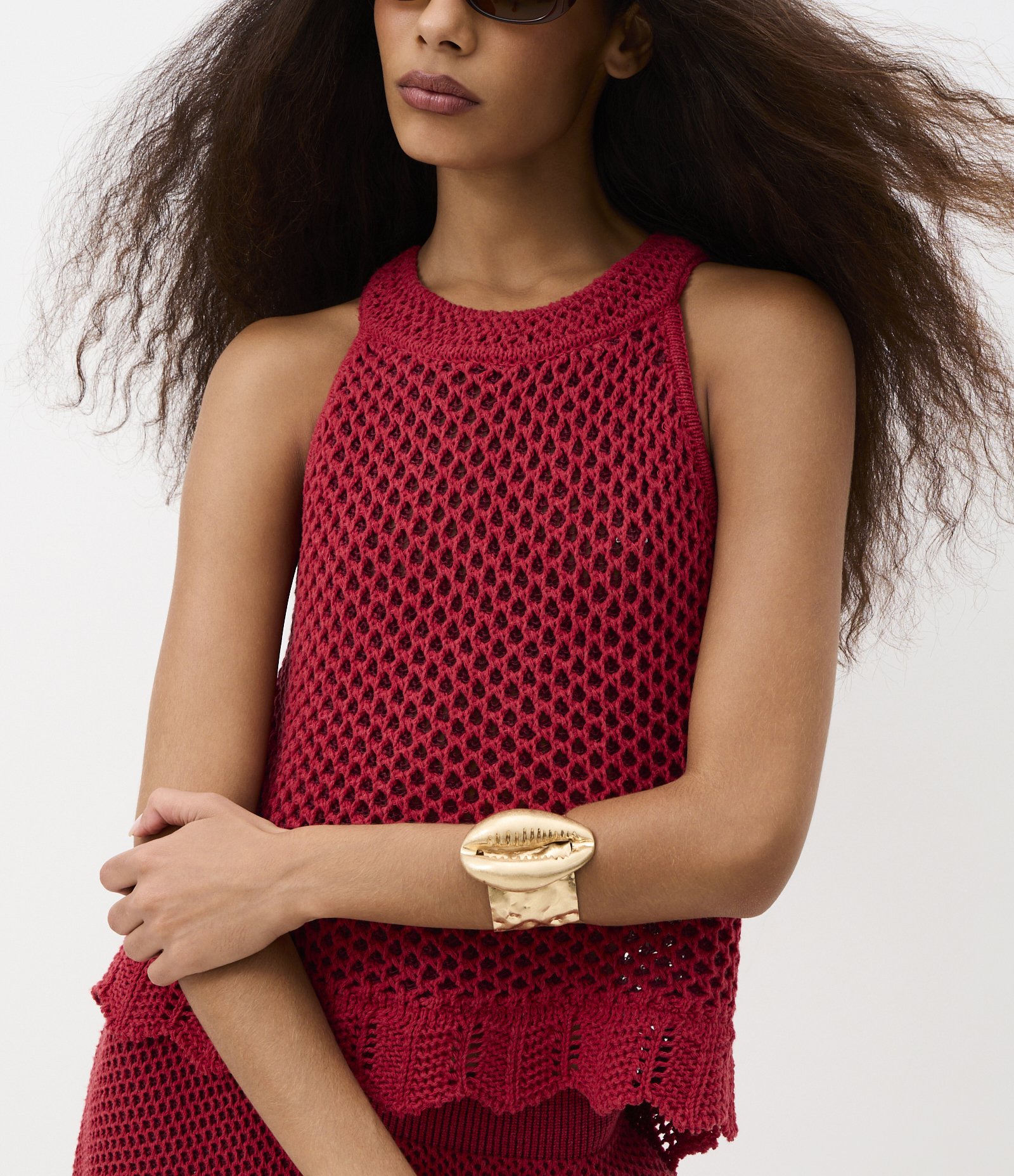 Blusa em Tricô com Ponto Vazado com Barra Trabalhada Vermelho 5