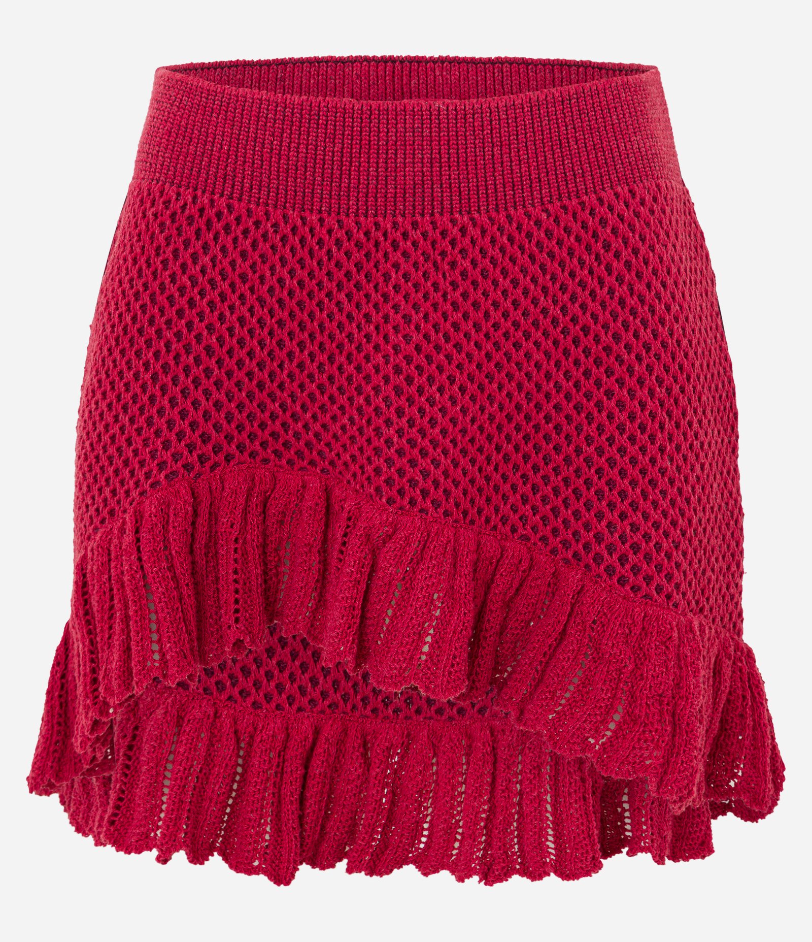 Saia Curta em Tricô com Ponto Vazado e Barra Franzida Vermelho 7
