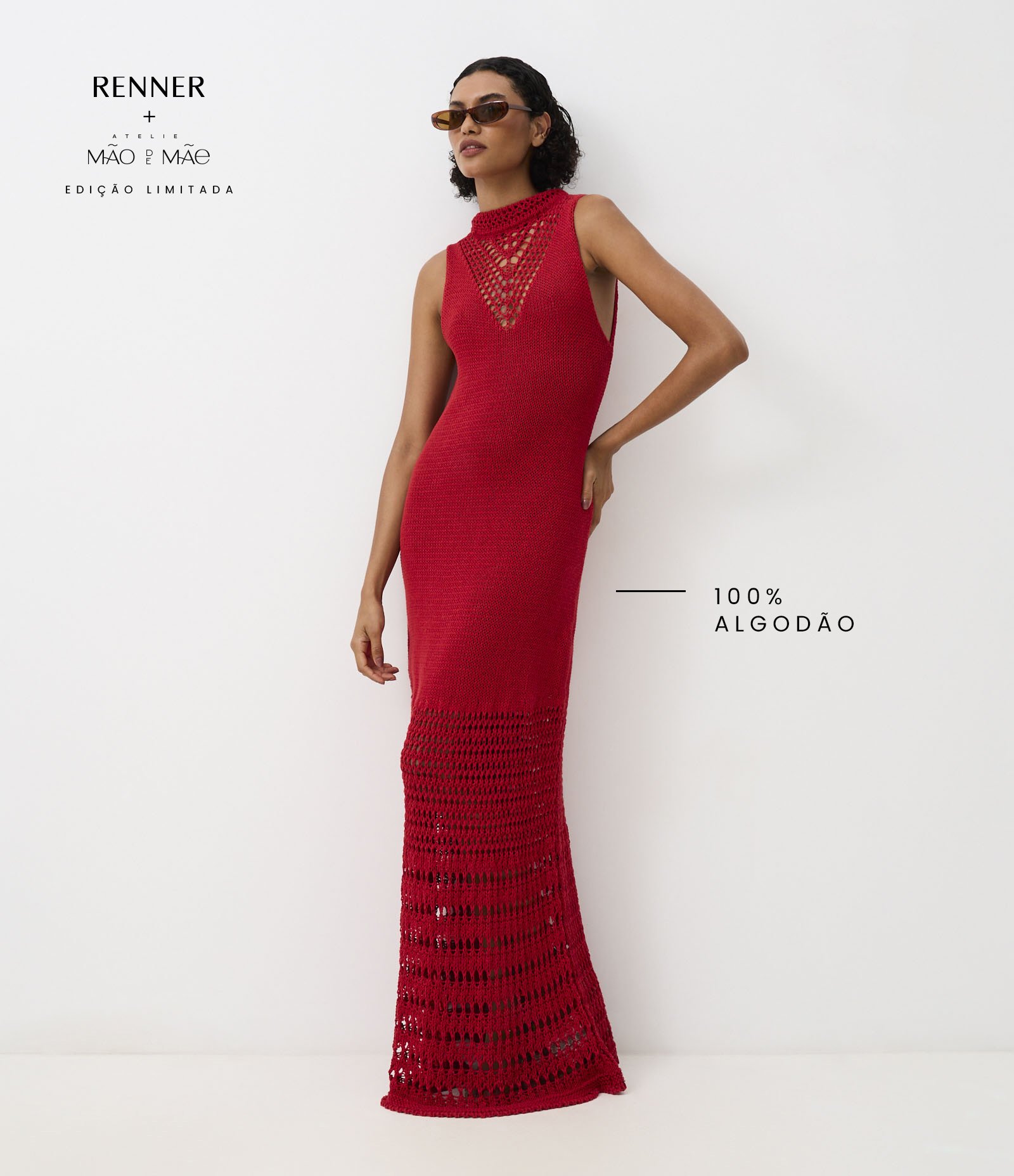 Vestido Ajustado Longa em Tricô com Mix de Ponto de Efeito Crochê Vermelho 1