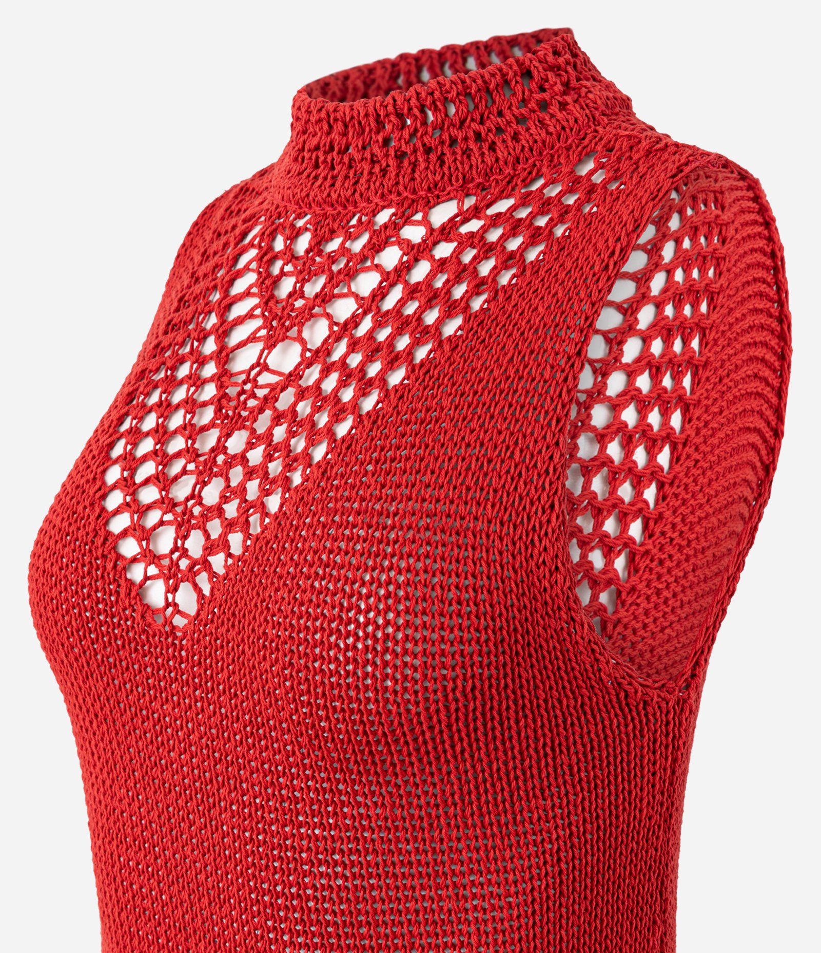 Vestido Ajustado Longa em Tricô com Mix de Ponto de Efeito Crochê Vermelho 9