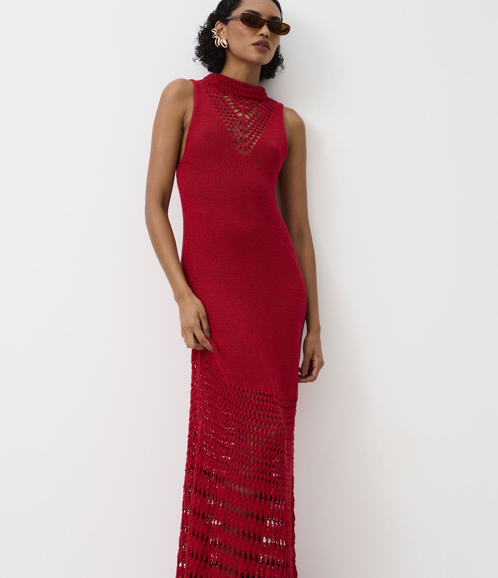 Vestido Ajustado Longa em Tricô com Mix de Ponto de Efeito Crochê Vermelho 2