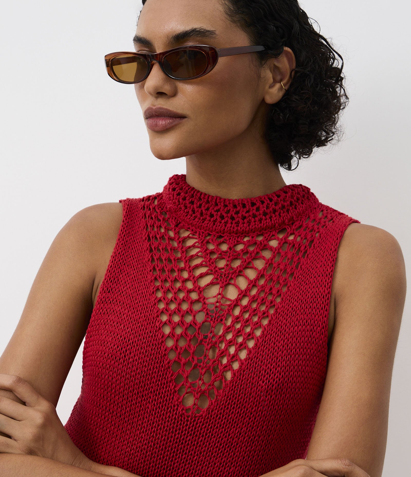 Vestido Ajustado Longa em Tricô com Mix de Ponto de Efeito Crochê Vermelho 3