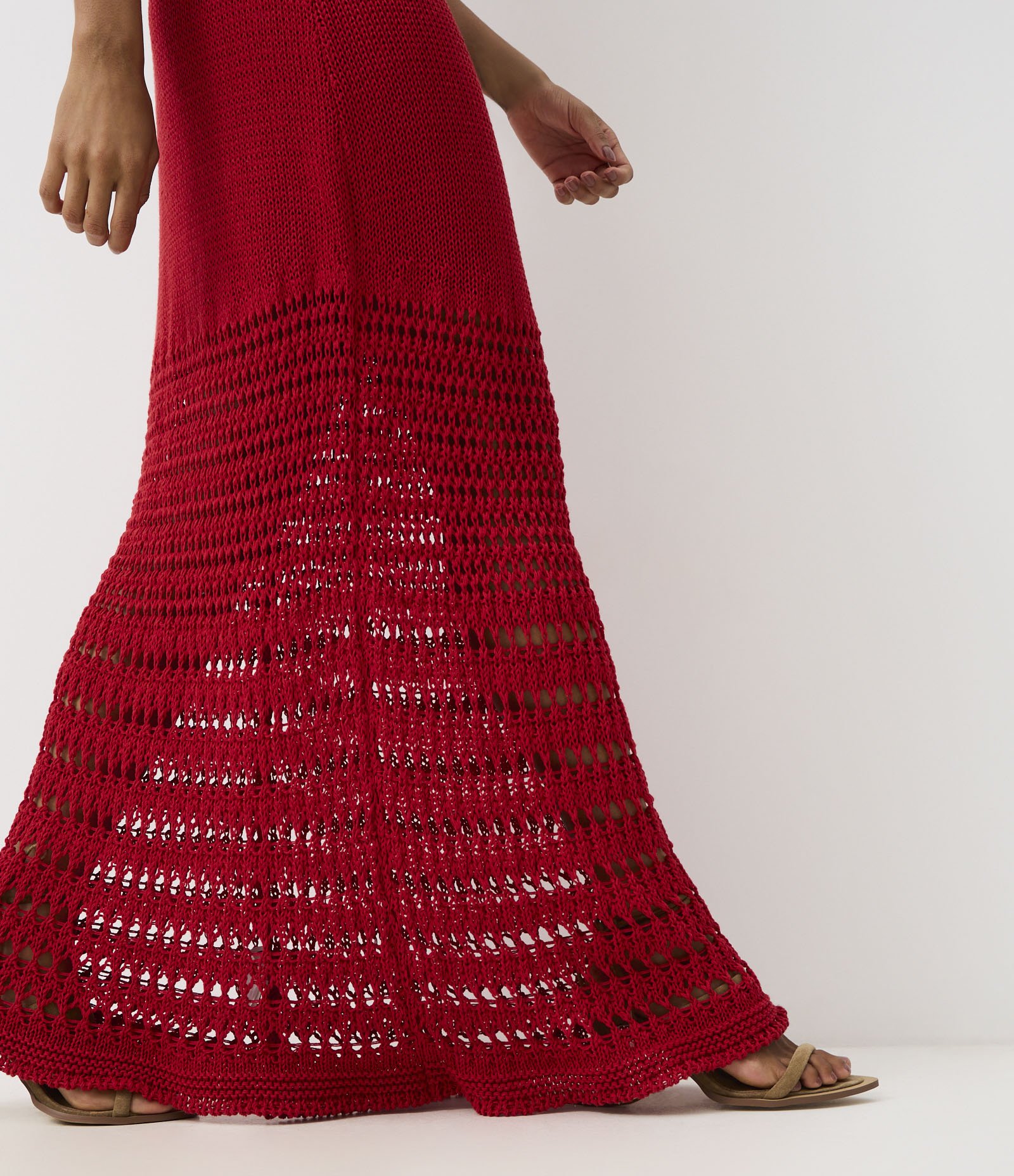 Vestido Ajustado Longa em Tricô com Mix de Ponto de Efeito Crochê Vermelho 5