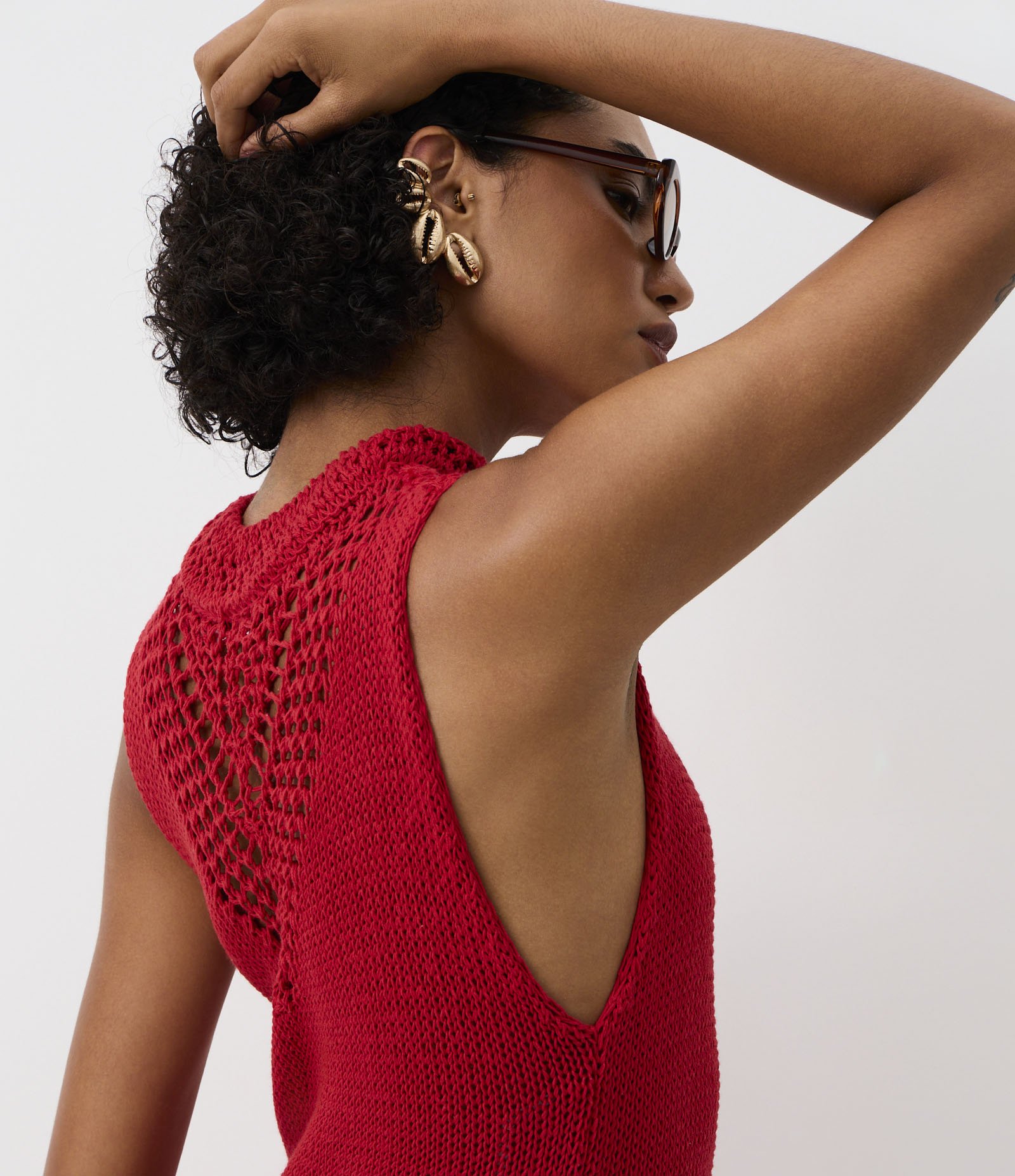 Vestido Ajustado Longa em Tricô com Mix de Ponto de Efeito Crochê Vermelho 6