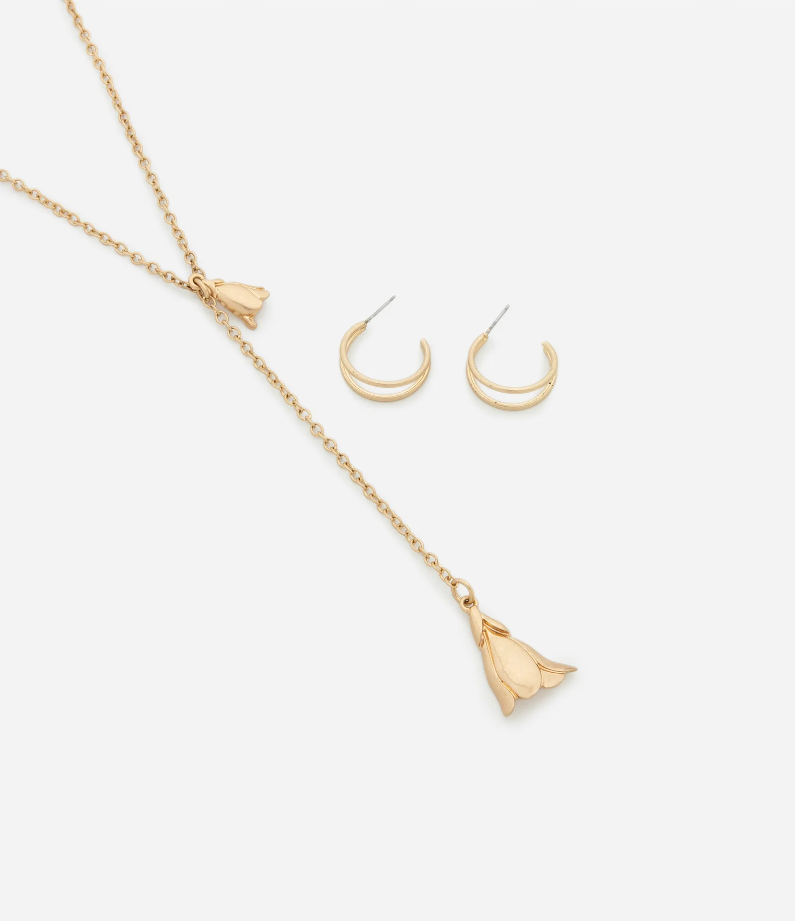 Conjunto de Colar Gravata e Brinco Argolinha em Metal Dourado 1