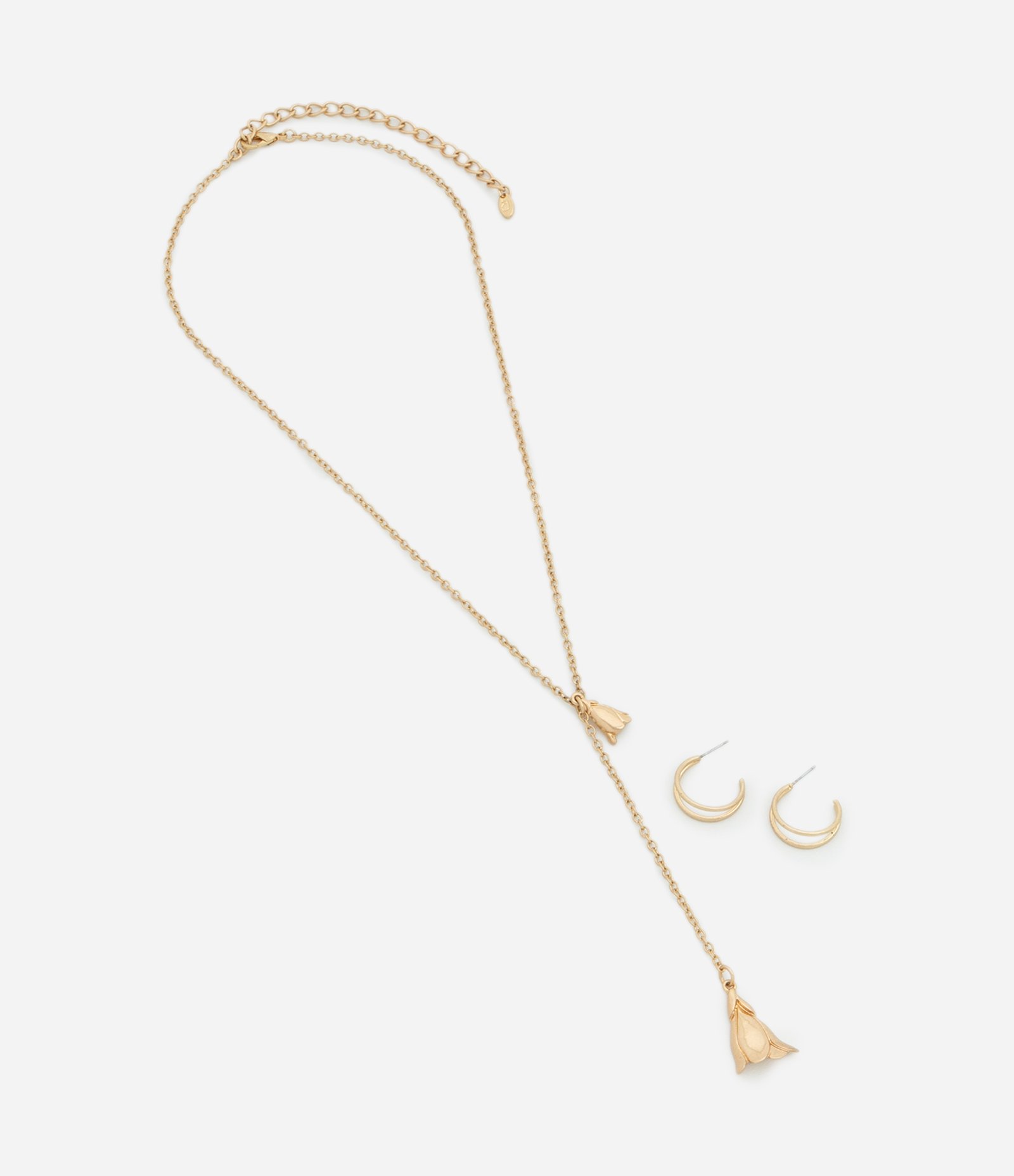 Conjunto de Colar Gravata e Brinco Argolinha em Metal Dourado 2