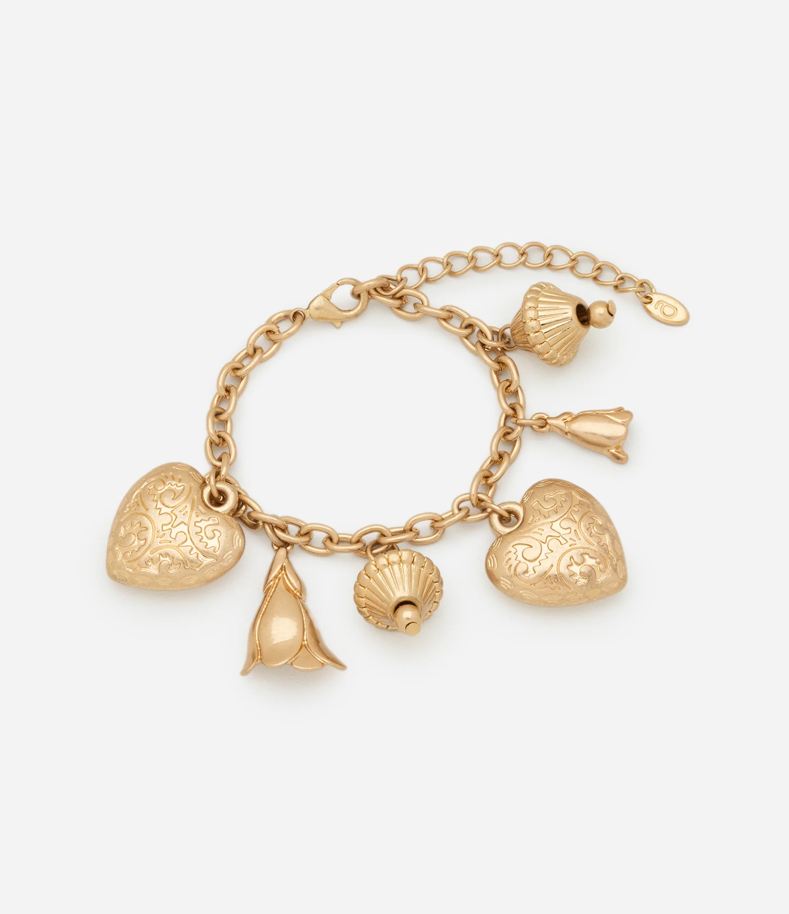 Pulseira Berloque com Pingentes de Coração e Pétalas Dourado 1