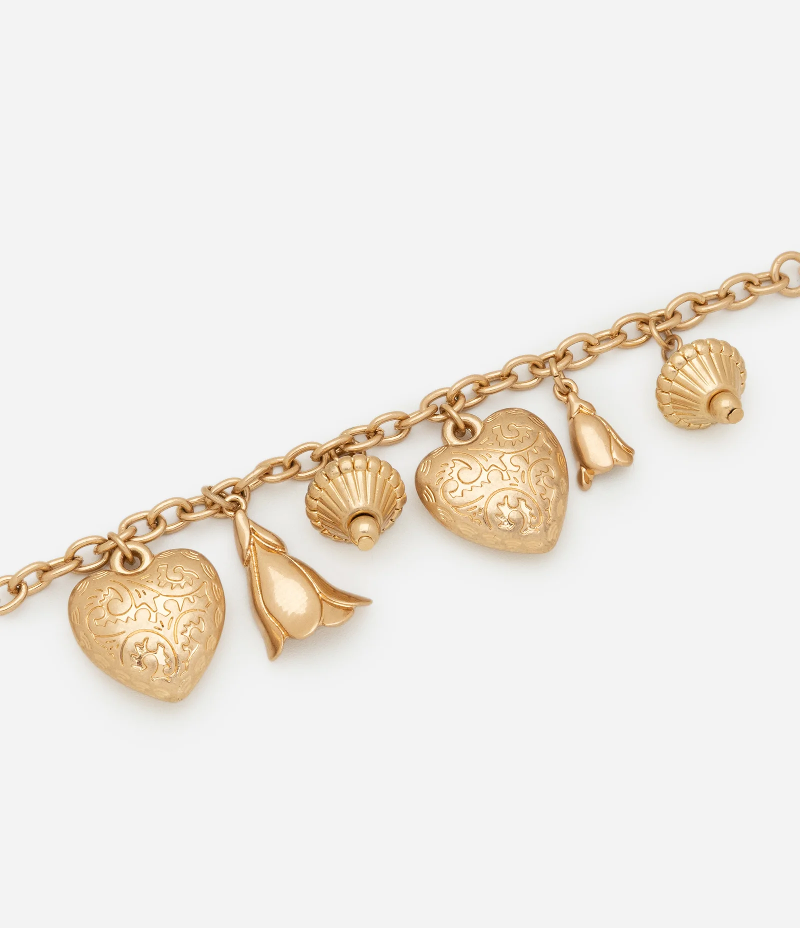 Pulseira Berloque com Pingentes de Coração e Pétalas Dourado 2