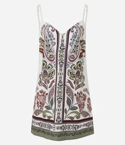 Vestido Estampado com Linho e Alca Fina com Ajuste