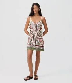 Vestido Estampado com Linho e Alça Fina com Ajuste