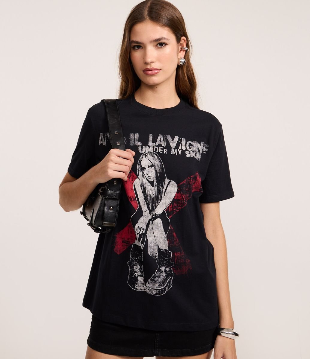 Camiseta em Algodão com Estampa Avril Lavigne Preto