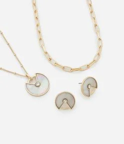 Conjunto Colar Camadas e Brincos com Aplicação Central Brilhante