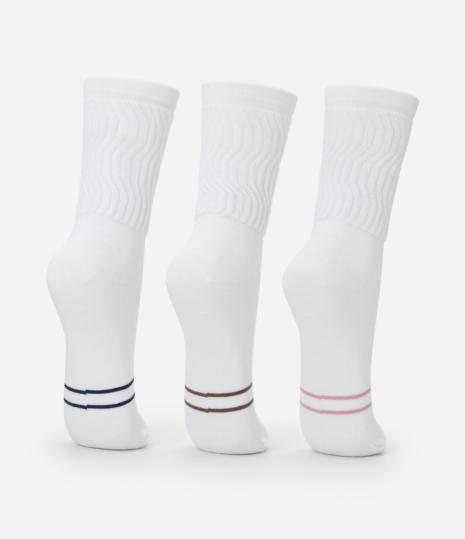Kit 03 Meias Cano Alto Aeróbica  em Algodão com Listras Coloridas Branco 3