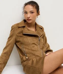 Jaqueta Biker em Suede com Bolsos e Zíper