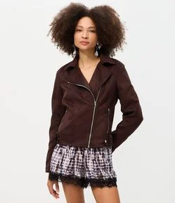Jaqueta Biker em Suede com Bolsos e Zíper