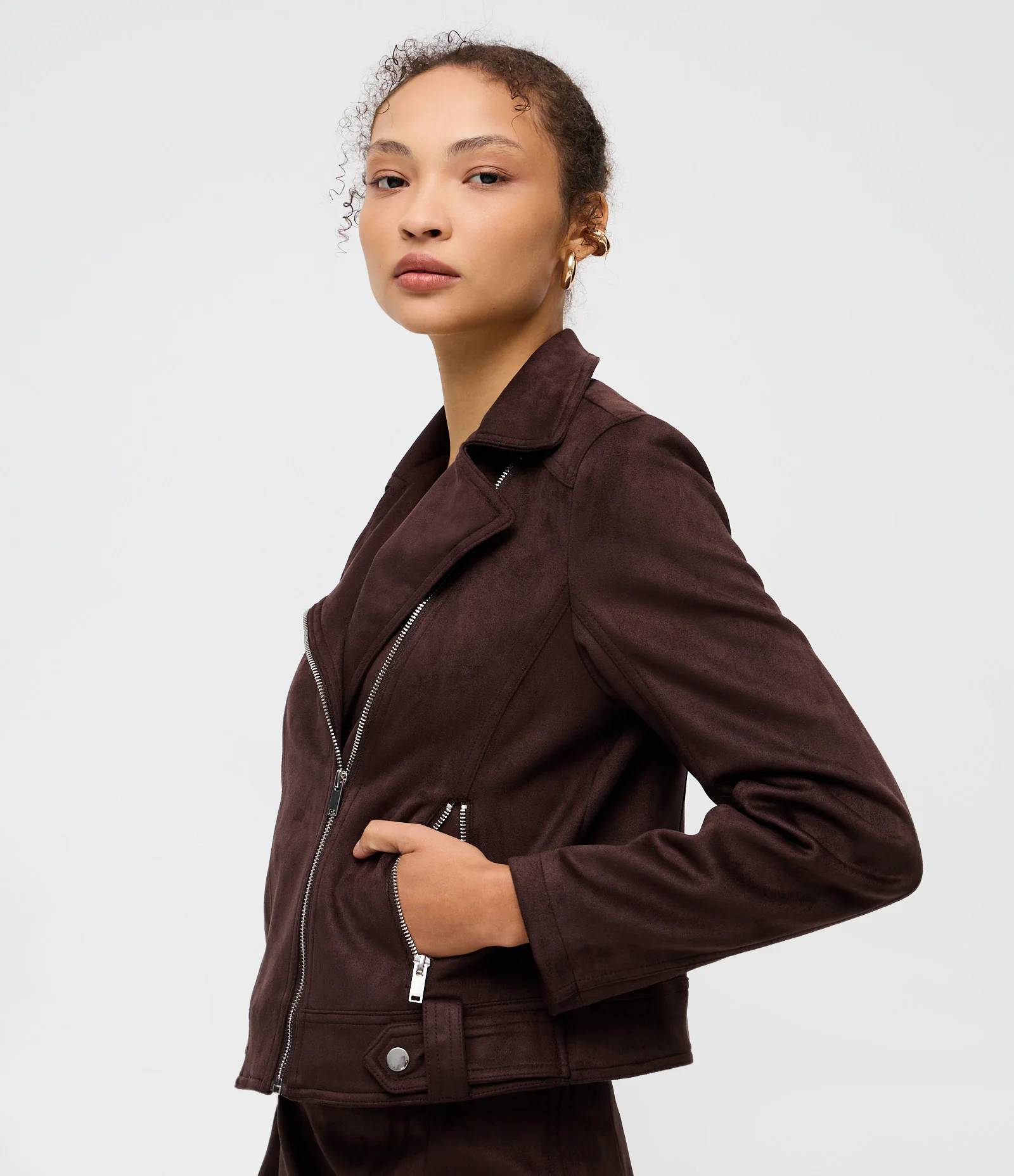 Jaqueta Biker em Suede com Bolsos e Zíper Marrom 1