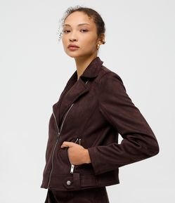 Jaqueta Biker em Suede com Bolsos e Zíper