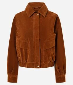 Jaqueta Bomber em Suede de PU com Gola Polo