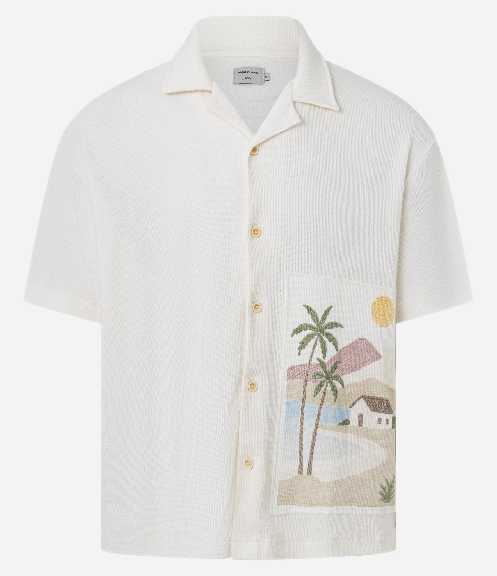 Camisa Boxy em Tricoline com Estampa Praia Tropical Branco 7