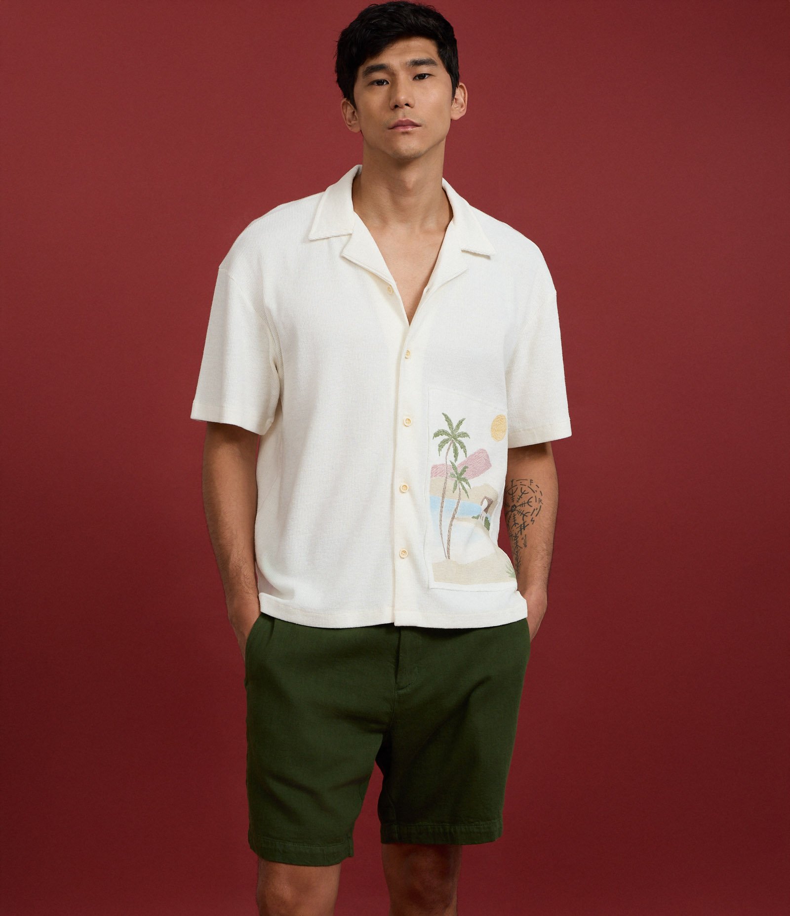 Camisa Boxy em Tricoline com Estampa Praia Tropical Branco 5