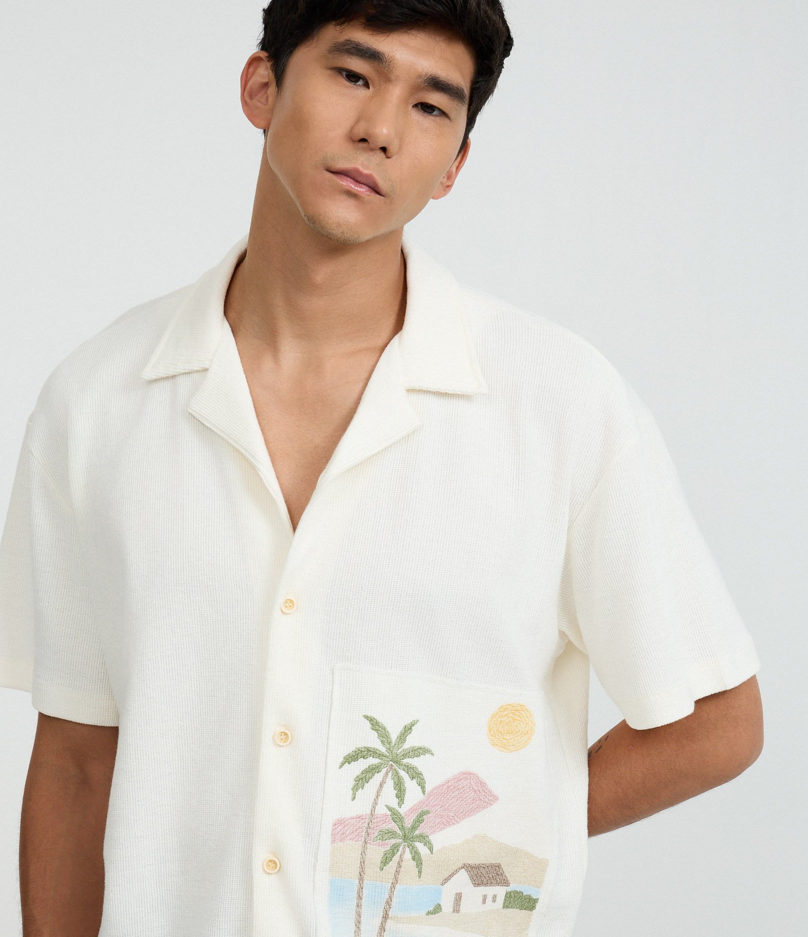 Camisa Boxy em Tricoline com Estampa Praia Tropical Branco 6
