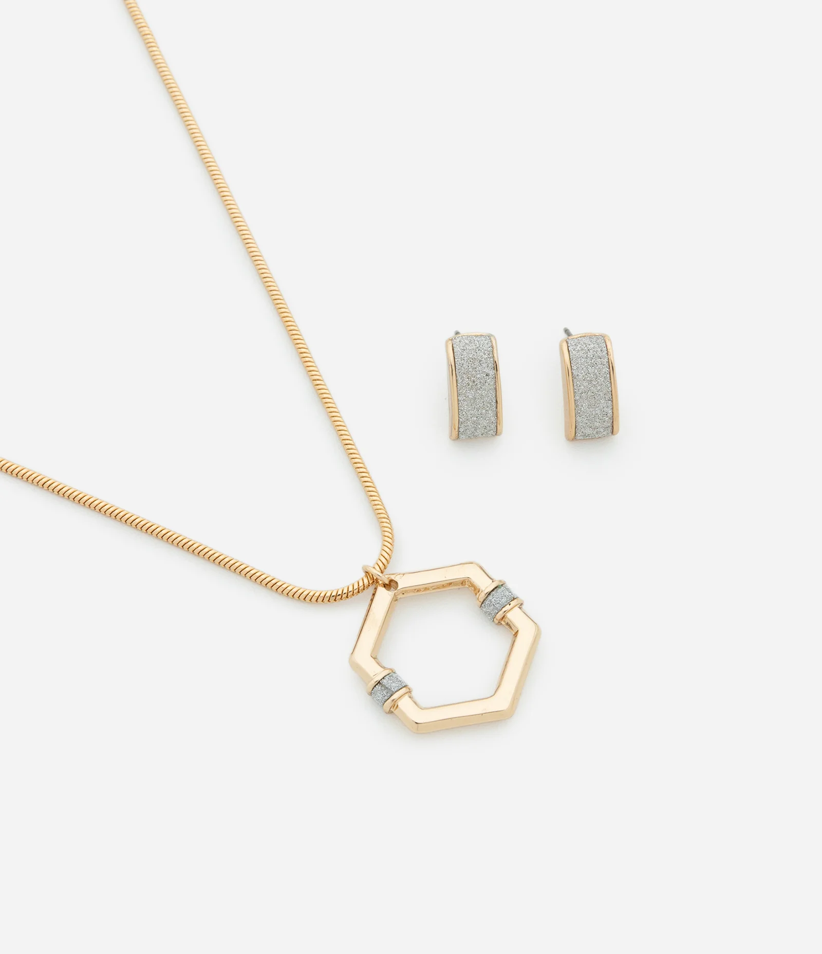 Conjunto de Colar com Pingente Hexagonal e Brincos Brilhantes Dourado 1
