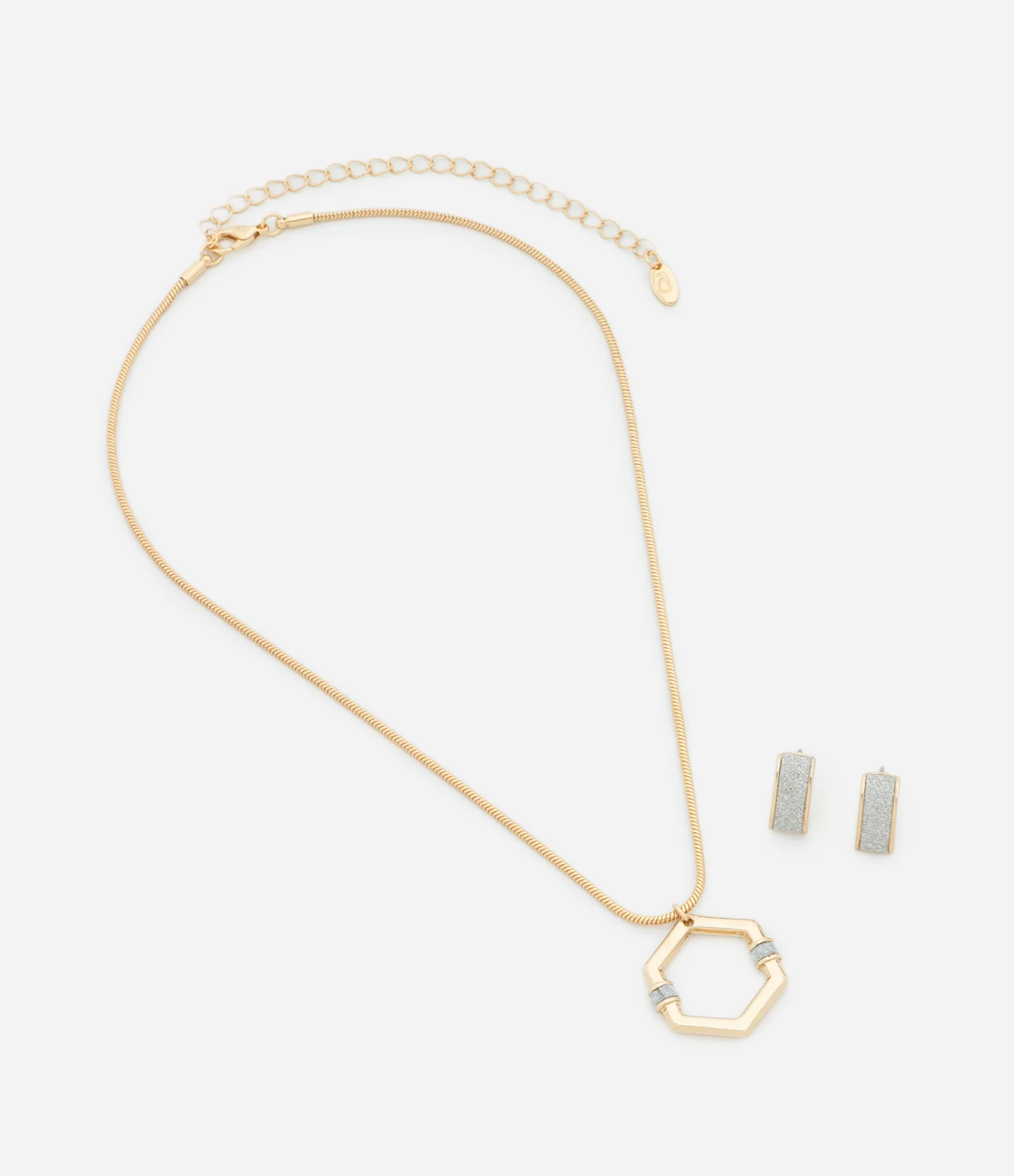 Conjunto de Colar com Pingente Hexagonal e Brincos Brilhantes Dourado 2
