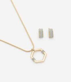 Conjunto de Colar com Pingente Hexagonal e Brincos Brilhantes