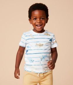 Camiseta Infantil com Estampa de Listras Fundo do Mar - Tam 1 a 6 Anos