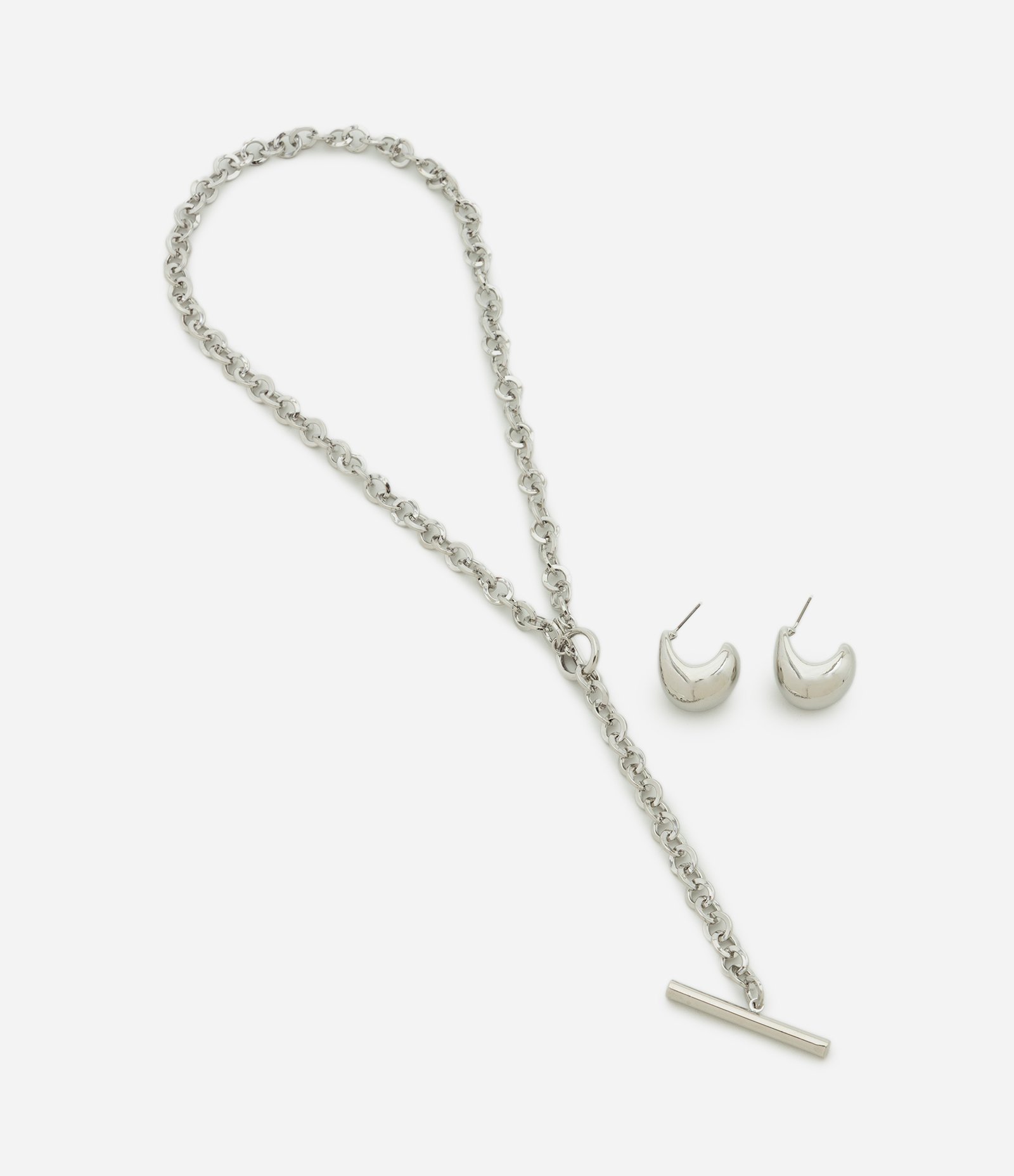 Conjunto de Colar Gravata e Brincos em Metal Prata 1