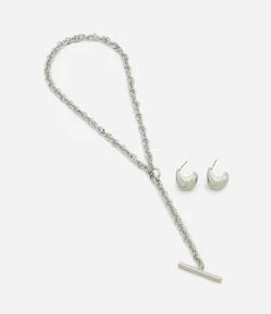 Conjunto de Colar Gravata e Brincos em Metal