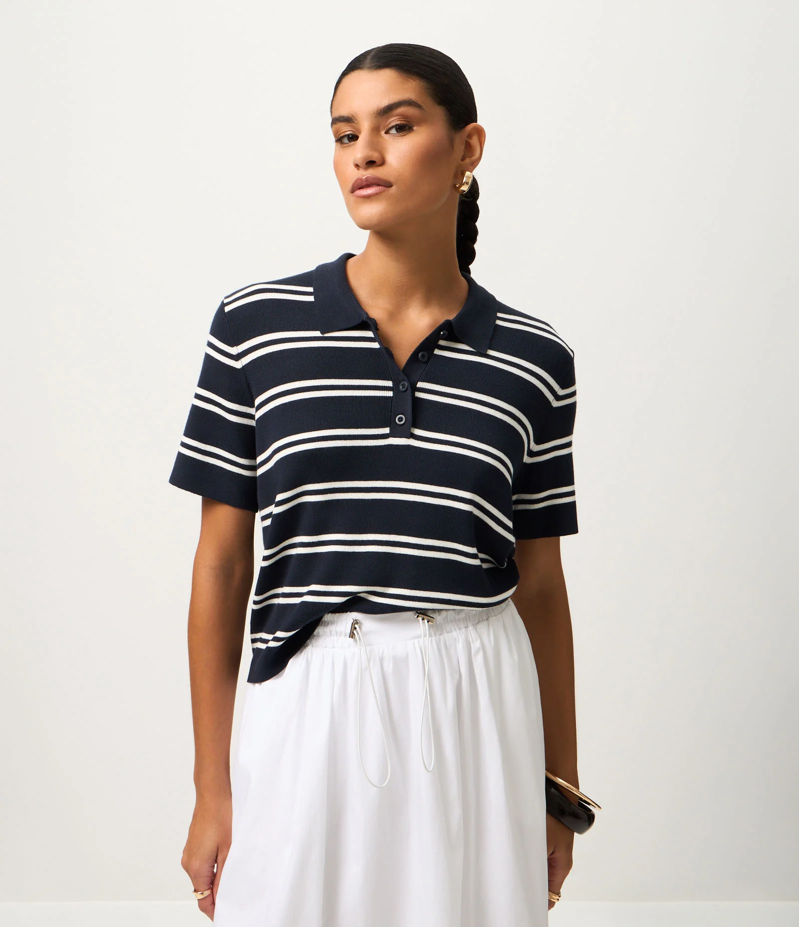 Blusa em Tricô com Gola Polo e Estampa Listrada Azul 2