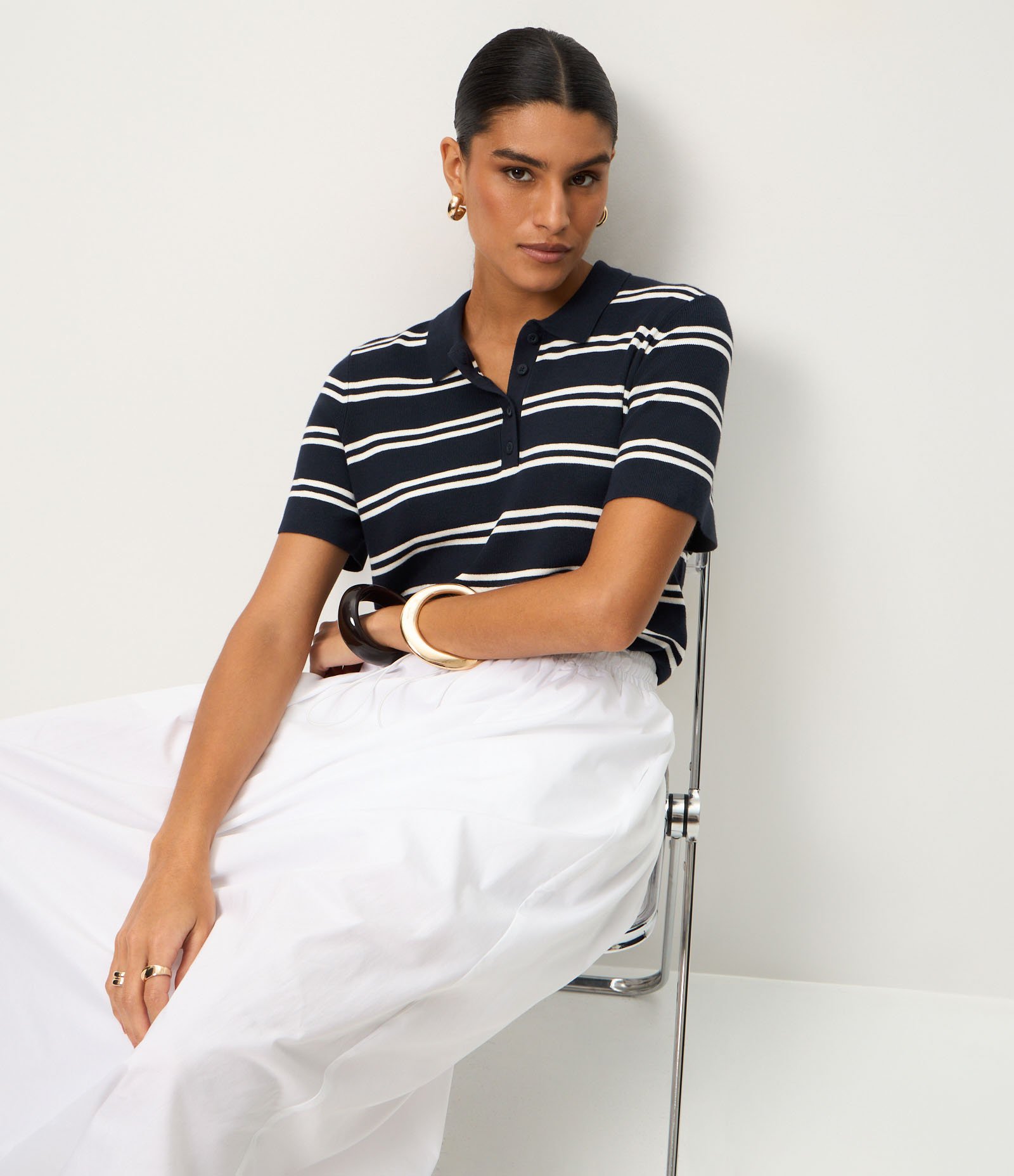 Blusa em Tricô com Gola Polo e Estampa Listrada Azul 4