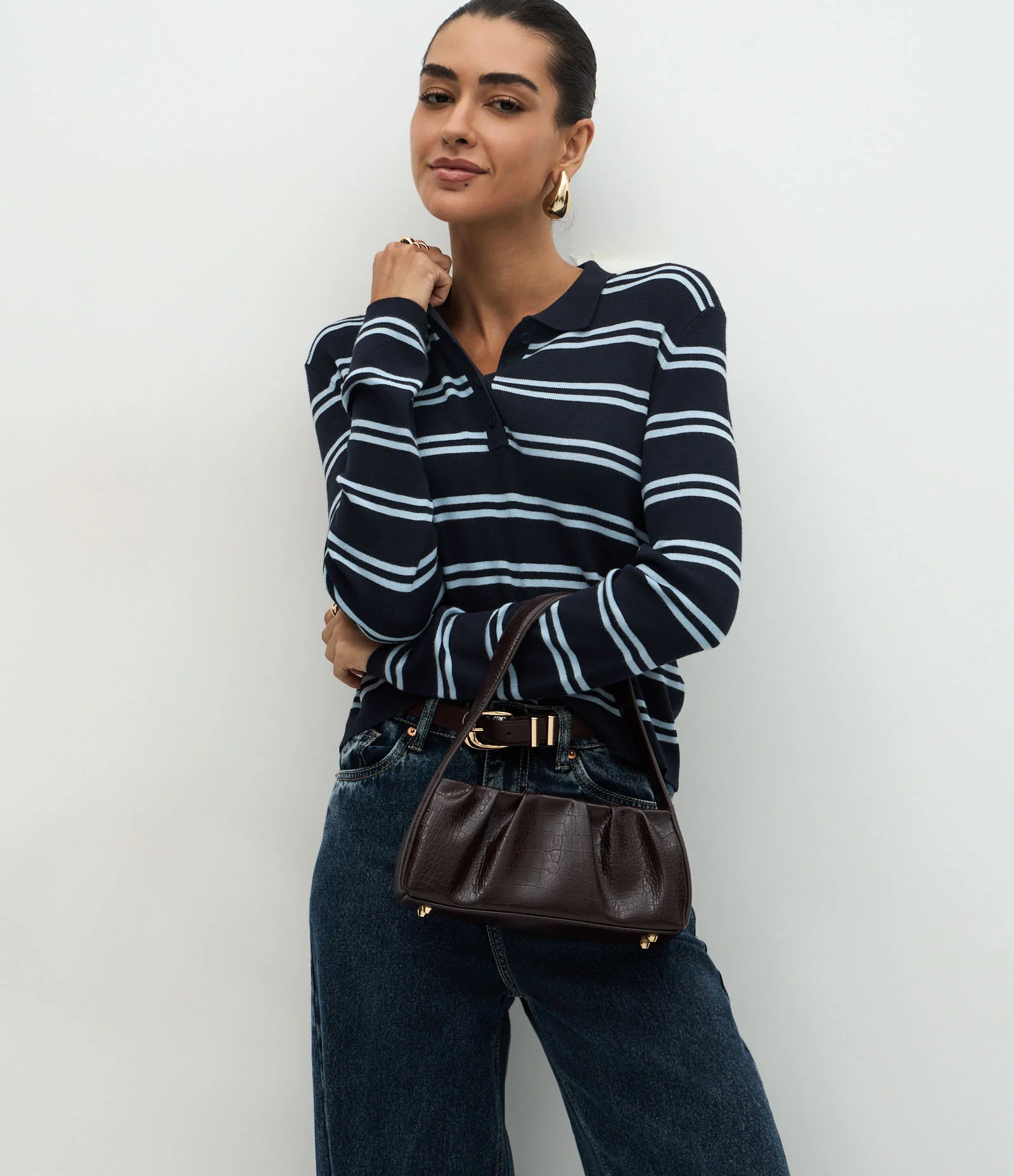 Blusa em Tricô com Estampa Listrada e Gola Polo Azul 1