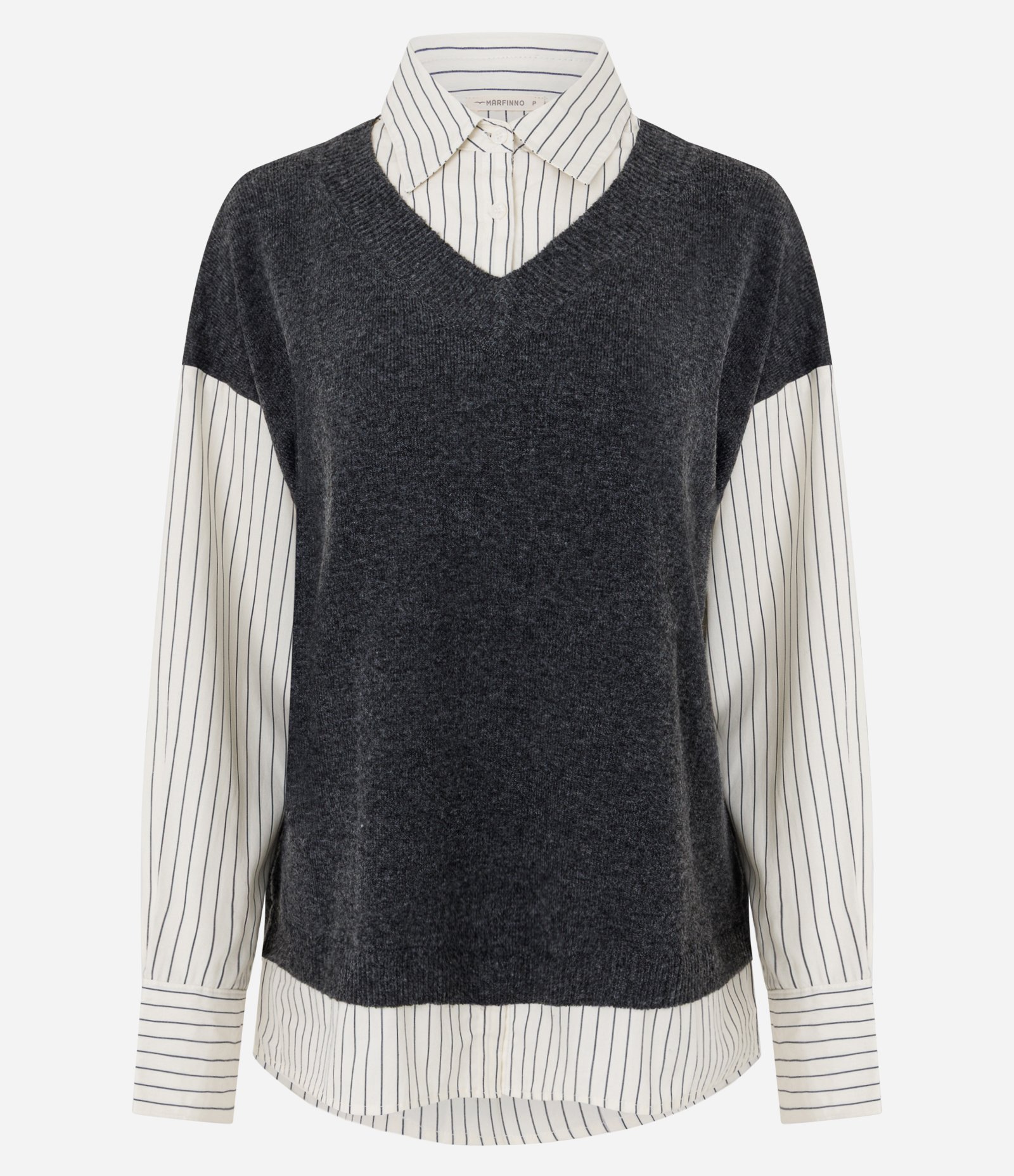 Camisa Alongada com Colete em Tricô Sobreposto Cinza/Off White 6