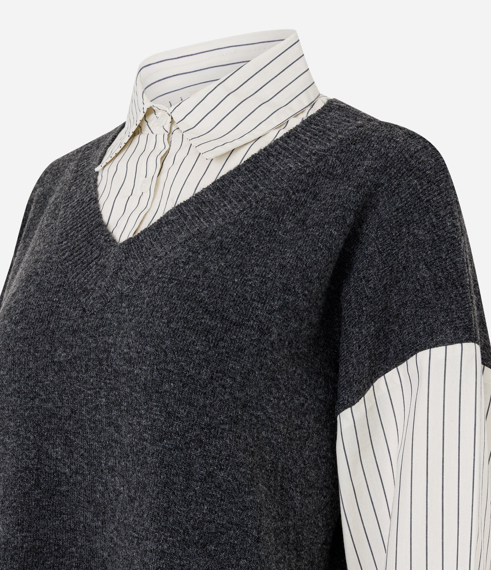Camisa Alongada com Colete em Tricô Sobreposto Cinza/Off White 7