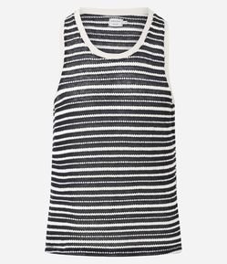 Regata Regular em Algodão com Efeito Crochê Texturizado com Listras