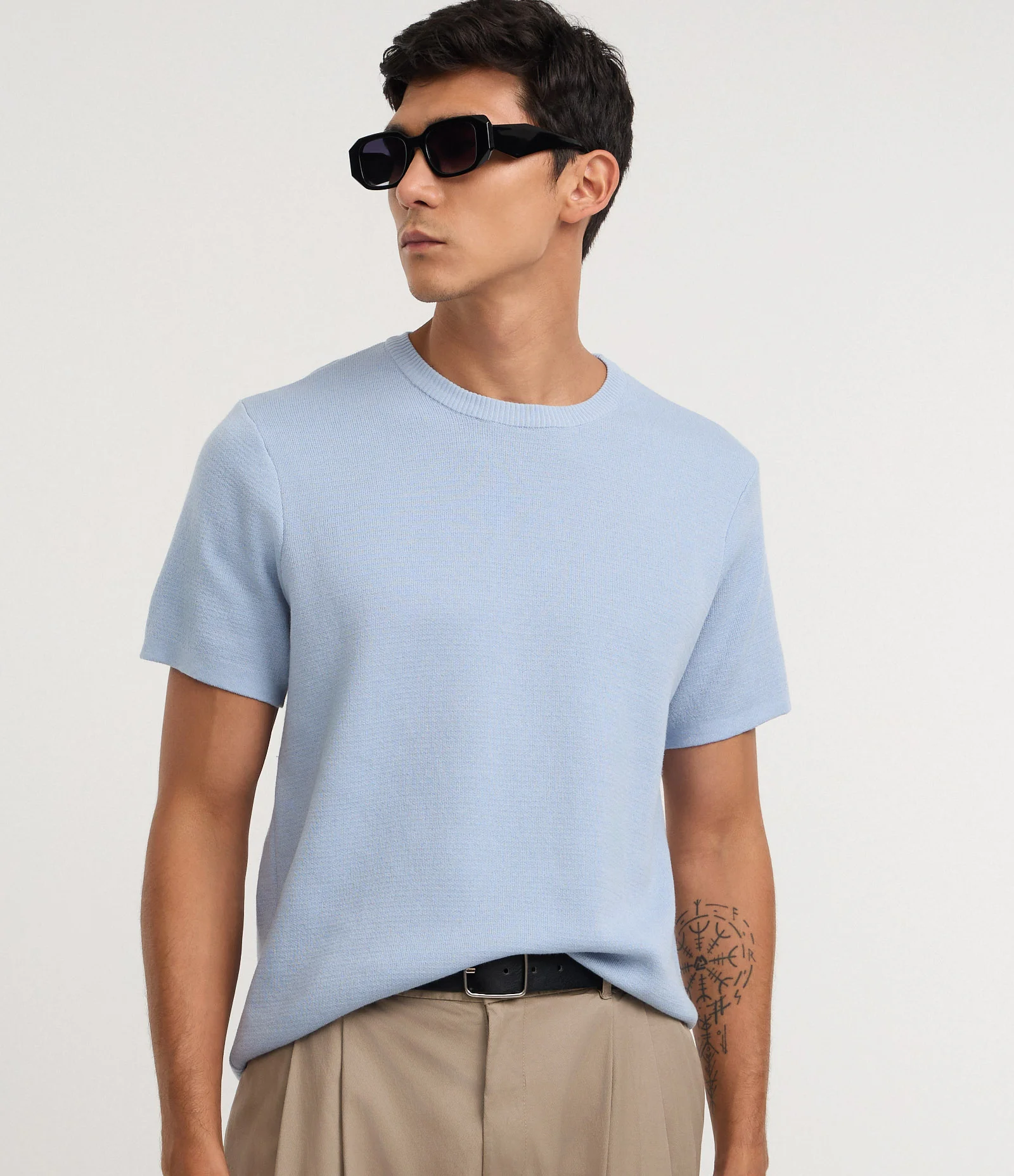 Camiseta Melange com Efeito em Tricô Azul Claro 1