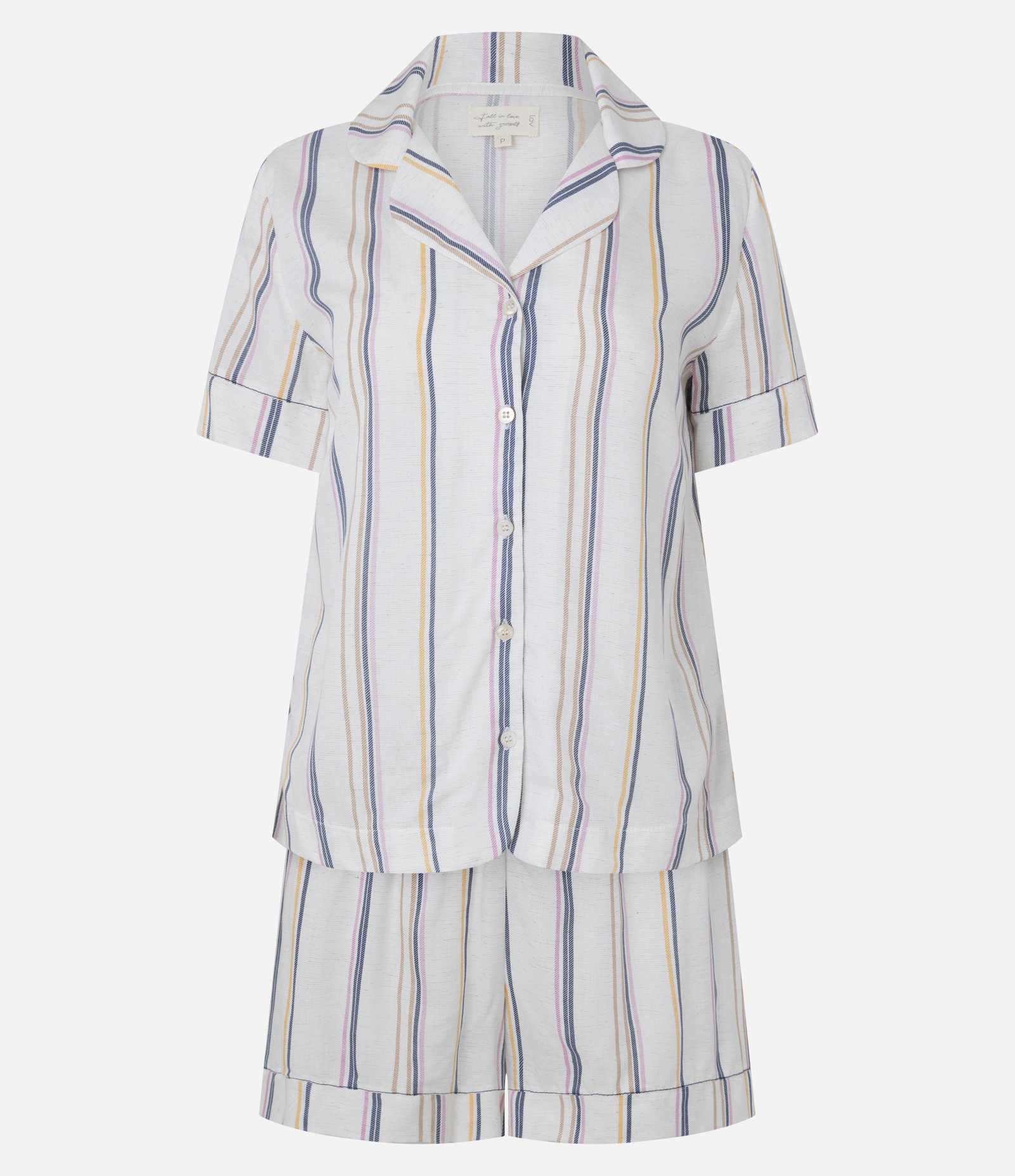 Pijama Short Doll Americano em Viscose com Estampa Listrada Bege 1