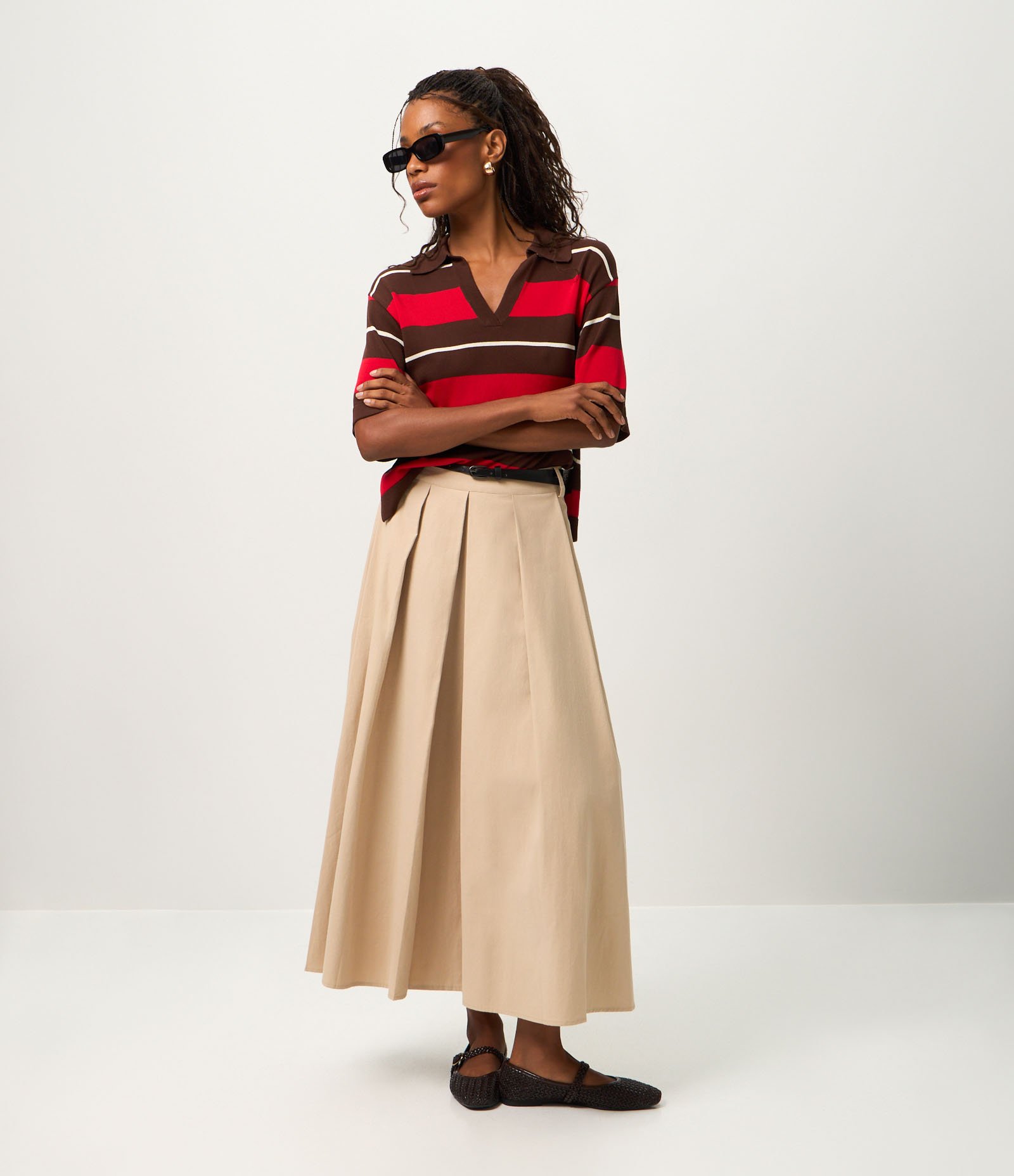 Blusa em Tricô com Gola Polo e Estampa Listrada Vermelho/Marrom 2