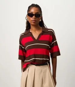 Blusa em Tricô com Gola Polo e Estampa Listrada