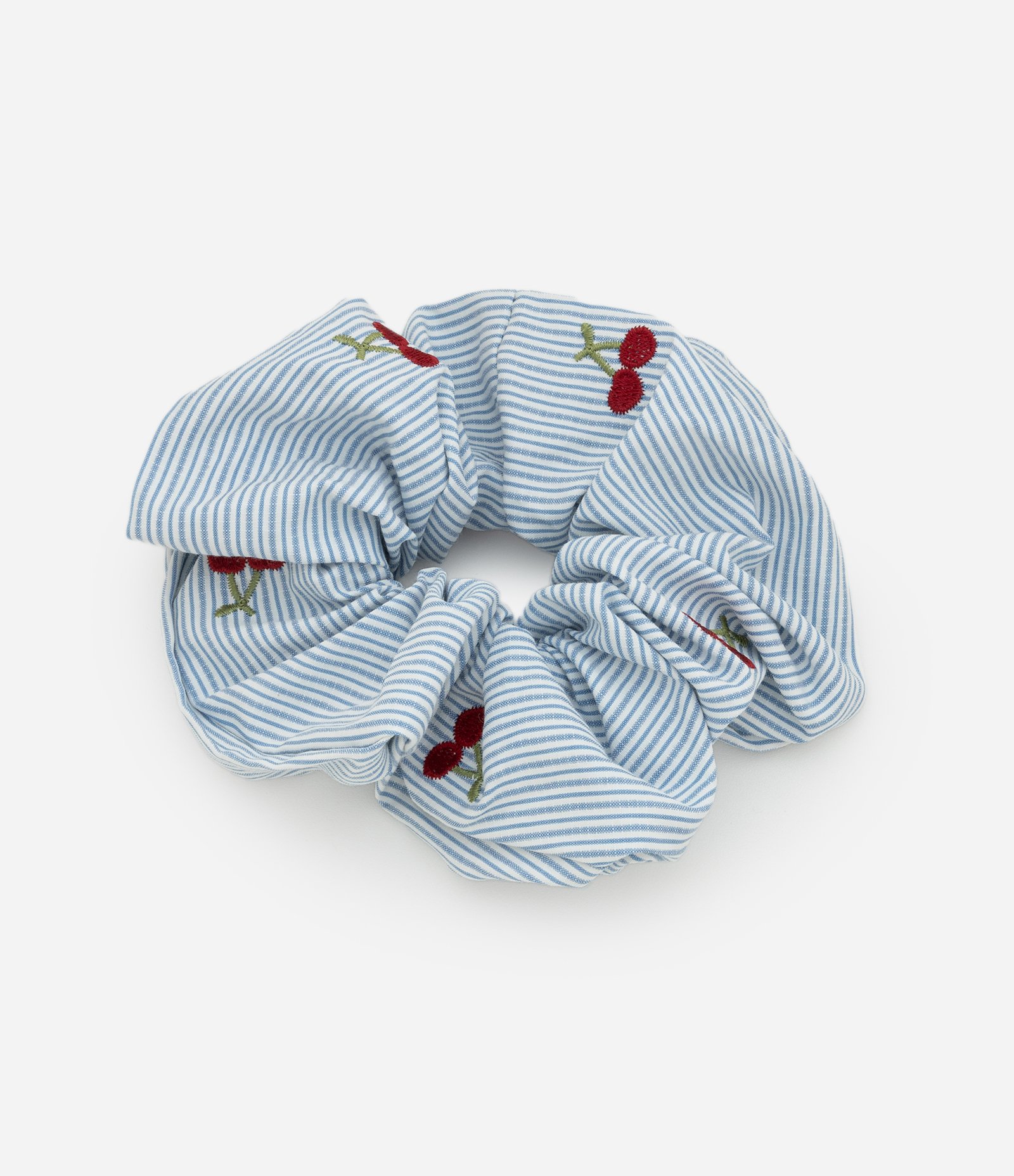 Scrunchie com Listras e Bordado de Cereja Azul 1